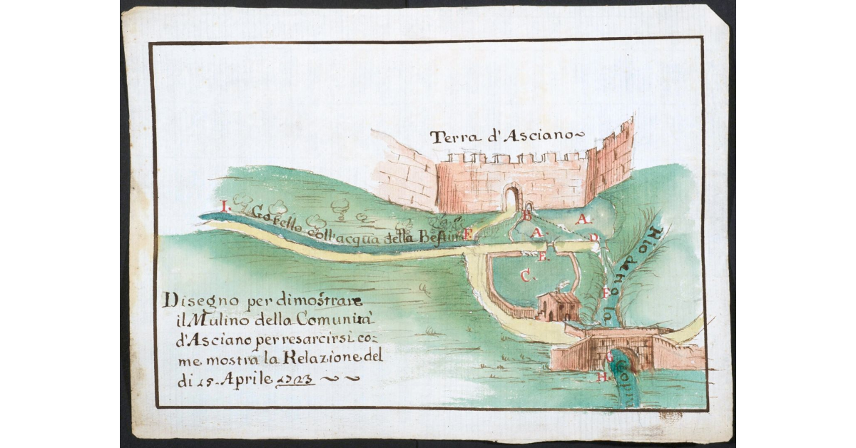 Disegno per dimostrare il Mulino della ComunitΓ d'Asciano per resarcirsi come mostra la Relazione di 15 Aprile 1723