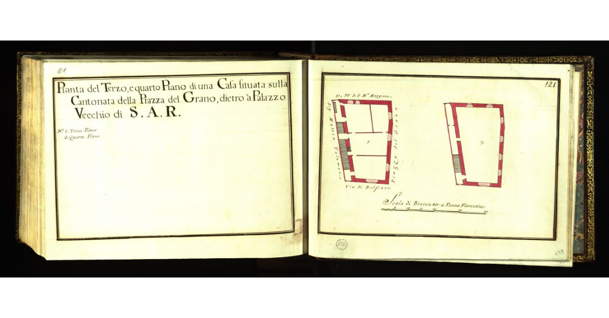 Pianta del terzo e quarto piano di una casa situata sulla cantonata della Piazza del Grano, dietro a Palazzo Vecchio di S.A.R