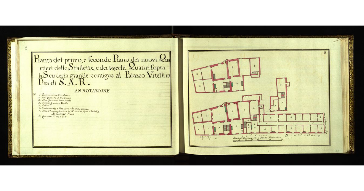 Pianta del primo e secondo piano dei nuovi quartieri delle Stallette e dei vecchi quartieri sopra la scuderia grande contigua al Palazzo Vitelli in Pisa di S.A.R