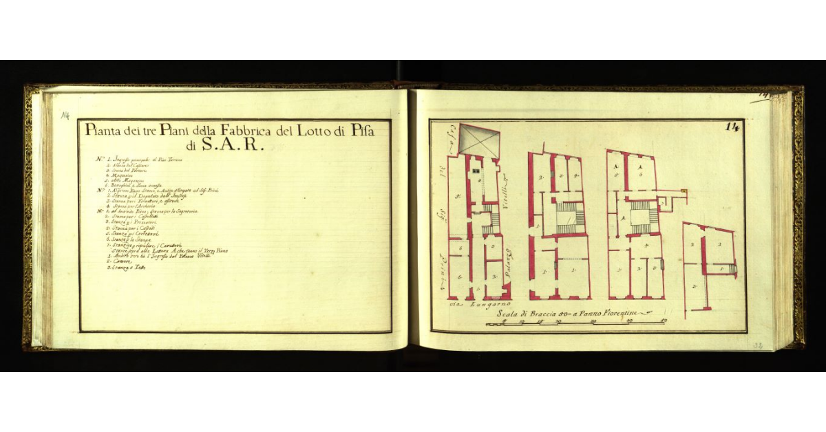 Pianta dei tre piani della Fabbrica del Lotto in Pisa di S.A.R. s