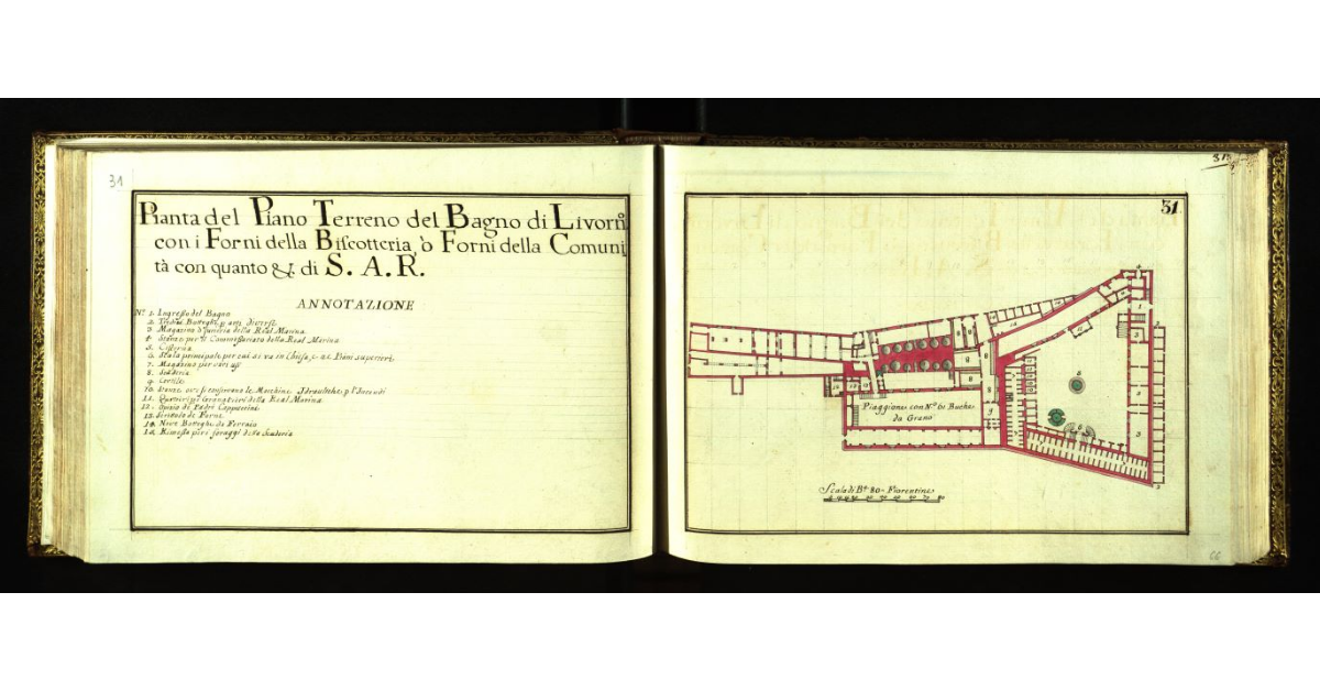 Pianta del piano terreno del Bagno di Livorno con i Forni della Biscotteria, o Forni della Comunità con quanto & di S.A.R