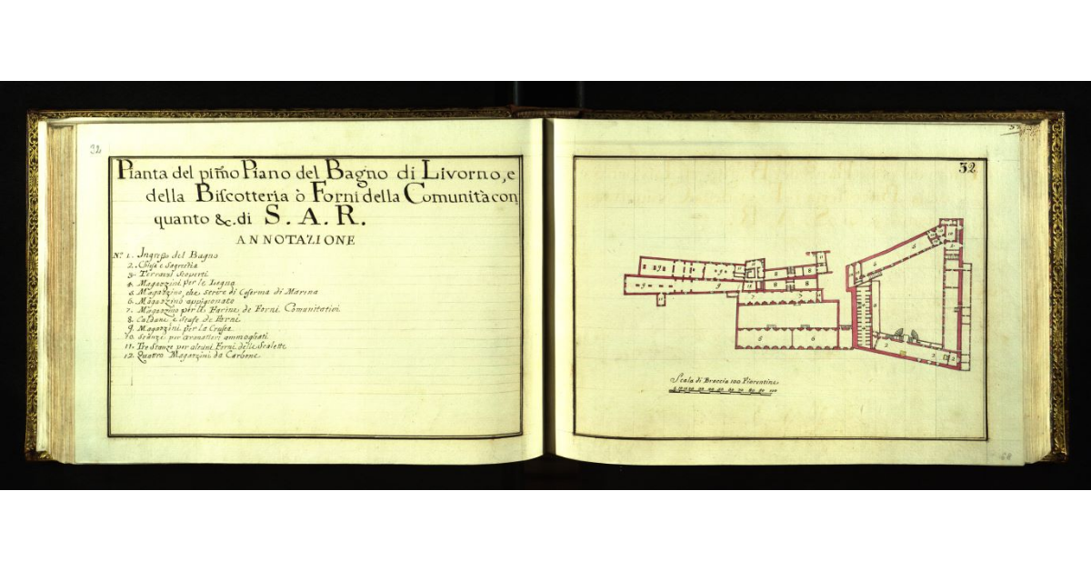 Pianta del primo piano del Bagno di Livorno con i Forni della Biscotteria, o Forni della Comunità con quanto & di S.A.R