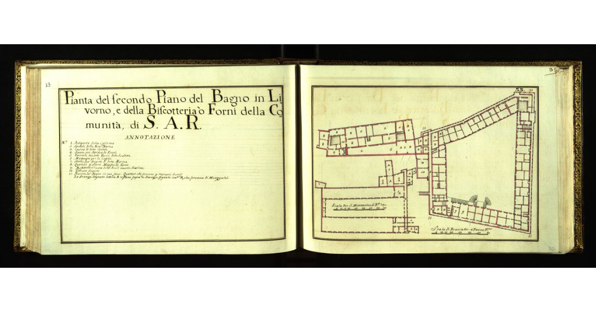 Pianta del secondo piano del Bagno di Livorno con i Forni della Biscotteria, o Forni della Comunità, di S.A.R