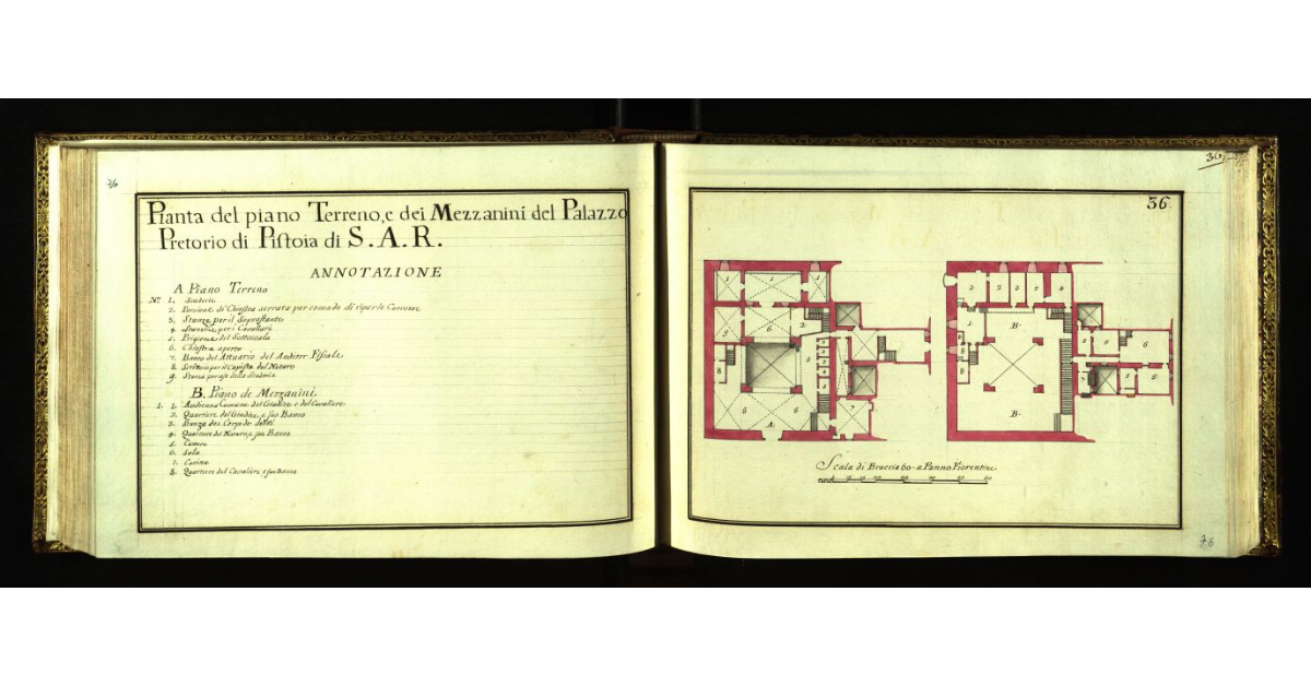 Pianta del piano terreno e dei mezzanini del Palazzo Pretorio di Pistoia di S.A.R