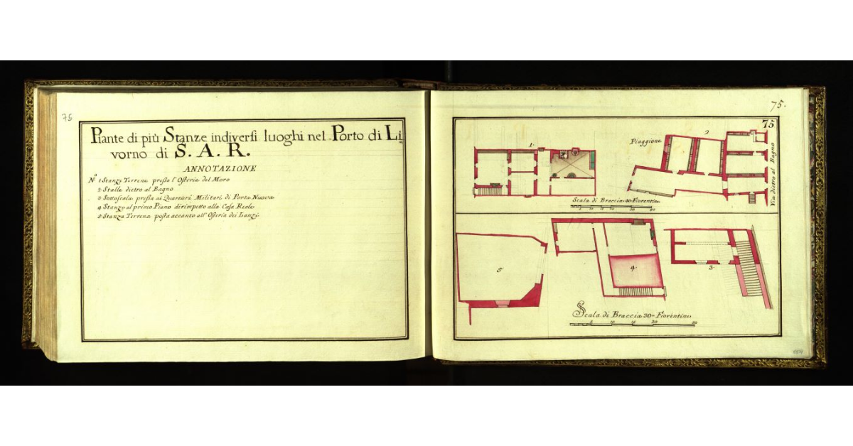 Pianta di più stanze in diversi luoghi nel Porto di Livorno di S.A.R