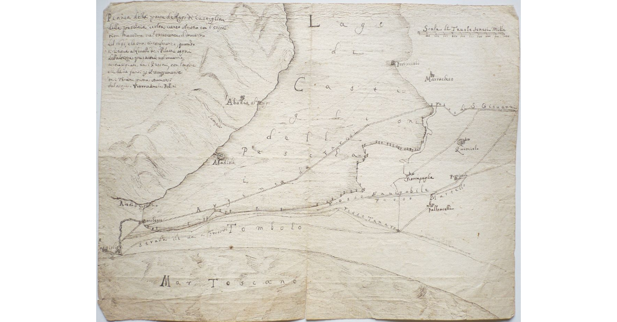 Pianta della parte del Lago di Castiglion della Pescaia volta verso Austro con l'expansion Massima nel excescenze d'inverno del 1695, e la sua circonferenza