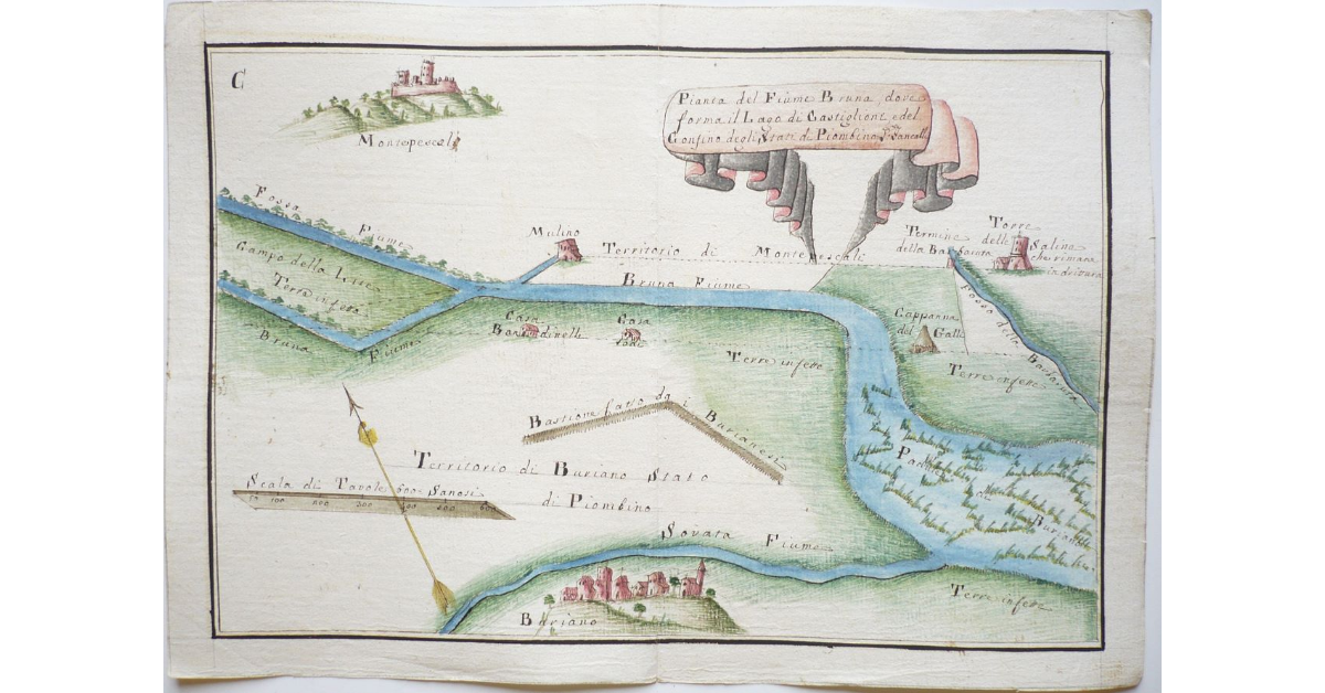 Pianta del Fiume Bruna, dove forma il Lago di Castiglioni, e del Confino degli Stati di Piombino