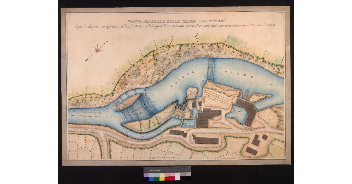 Pianta generale della Chiusa dei Monaci dopo la depressione operata nel luglio 1838 e col disegno di un secondo scaricatore progettato per essere costruito sulla ripa sinistra