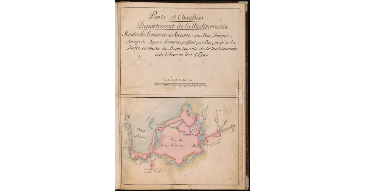 Route de Livourne à Ancone par Pise, Florence, Arezzo etc. depuis Livourne passant par Pise jusqu'à la limite commune des Departements de la Mediterranée et de l'Arne au Pont d'Elsa