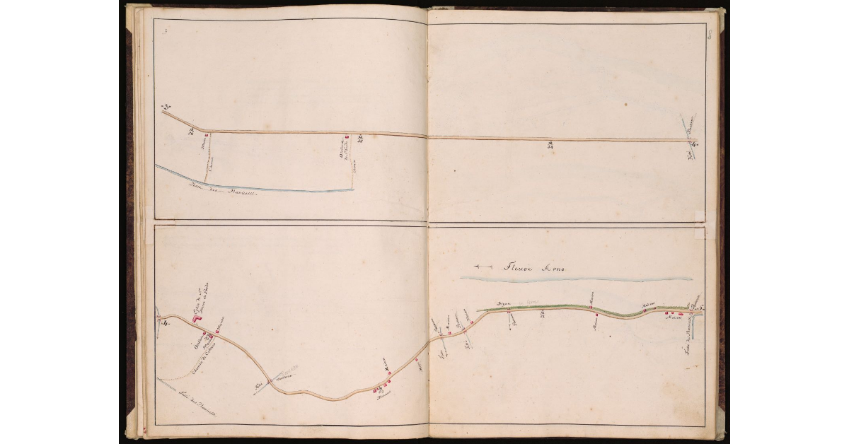 [Route de Livourne à Ancone par Pise, Florence, Arezzo etc. depuis Livourne passant par Pise jusqu'à la limite commune des Departements de la Mediterranée et de l'Arne au Pont d'Elsa - Tratto II]