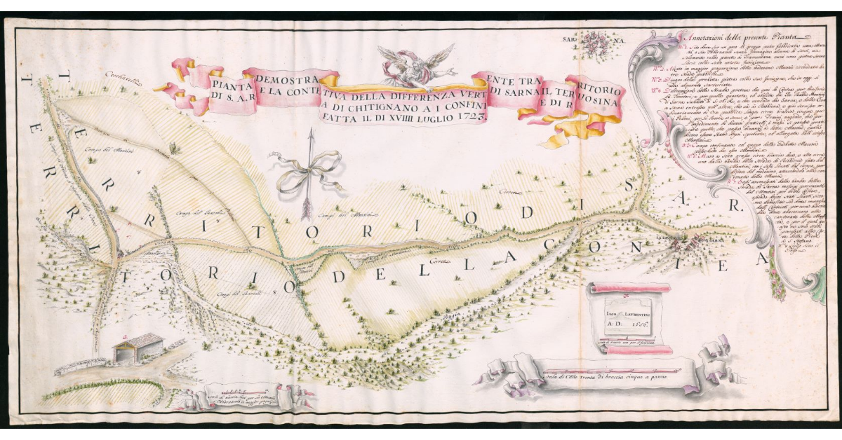 Pianta demostrativa della differenza vertente tra il territorio di S.A.R. e la contea di Chitignano ai confini di Sarna e di Ruosina fatta il XVIIII luglio 1723