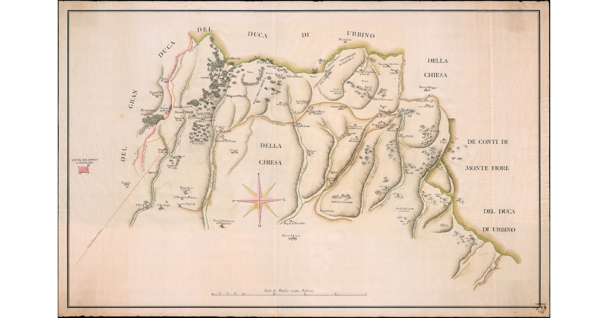 [Pianta della zona di confine fra il Marchesato del Monte S. Maria, lo Stato della Chiesa, il Granducato di Toscana, il Ducato di Urbino e la Contea di Monte Fiore]