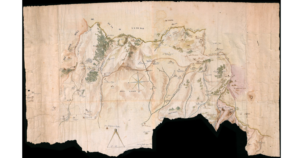 [Pianta della zona di confine fra il Marchesato del Monte S. Maria, lo Stato della Chiesa, il Granducato di Toscana, il Ducato di Urbino e la Contea di Monte Fiore]