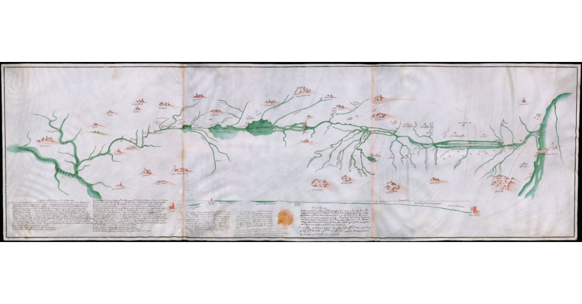 [Copia di pianta in pergamena del corso della Chiana da Orvieto fino al Ponte a Buriano e della livellazione del medesimo]