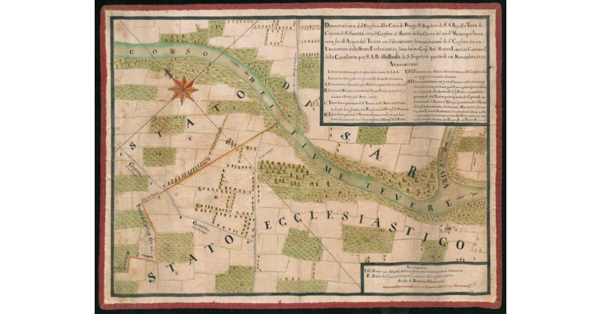 Dimostrazione del Confine della Città di Borgo di S. Sepolcro di S.A.R., e della Terra di Citerna di S. Santità circa il Confine di Vaiano dalla Grotta del medesimo Vaiano per linea retta fino all'Acqua del Tevere con l'alterazione fatta modernamente di detto Confine da un Lavoratore dello Stato Ecclesiastico [...]