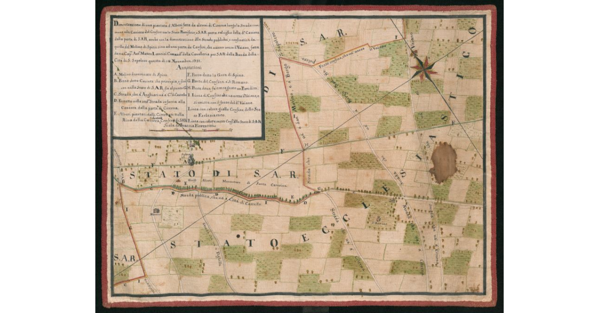 Dimostrazione di una piantata d'Alberi fatta da alcuni di Citerna lungo la Strada comune alla Caviera del Confine tra lo Stato Pontificio, e S.A.R. posta sul ciglio della detta Caviera dalla Parte di S.A.R., anche con la dimostrazione delle Strade pubbliche, e confinative da quella del Molino di Spino sino ad una parte de Confini, che vanno verso il Vaiano [...]