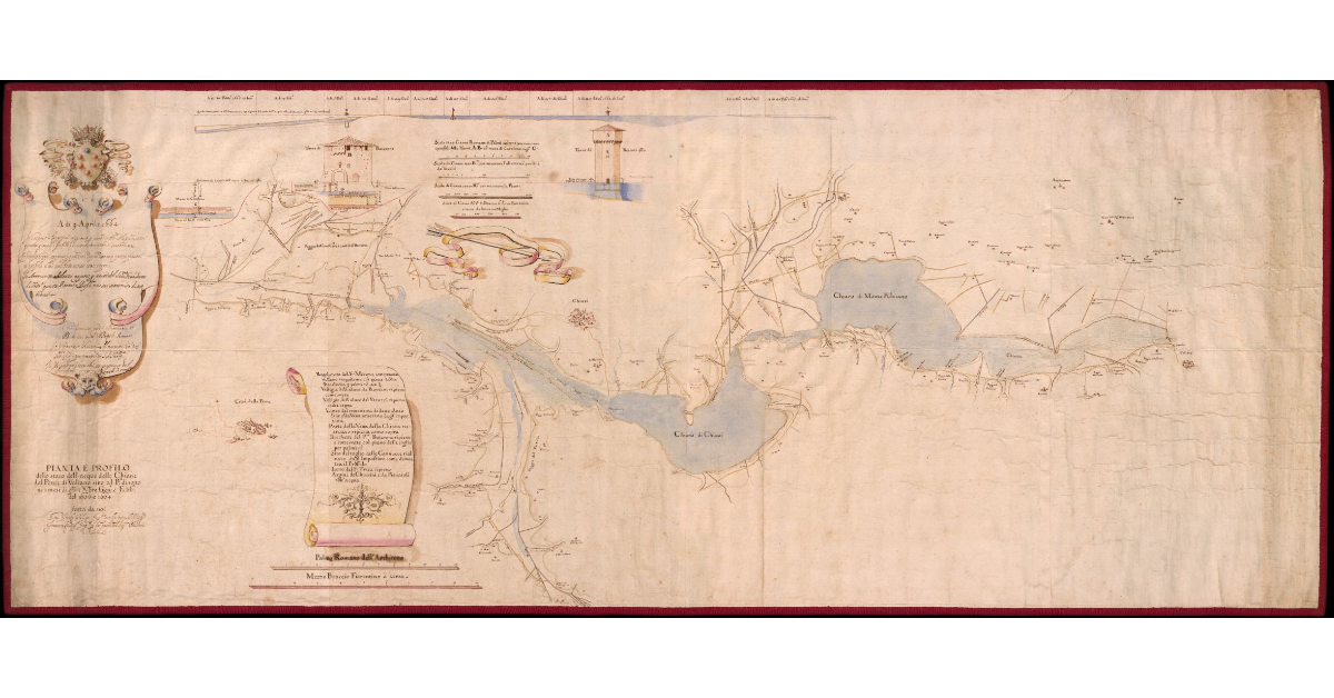 Pianta e Profilo dello stato dell'acque delle Chiane dal Ponte di Valiano sino al P.te di sotto ne i mesi di 9bre Xbre Gen. e Febb. del 1663 e 1664
