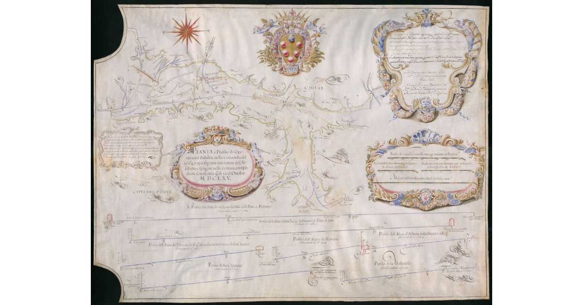 Pianta e Profilo di Operazioni stabilite nella Concordia del 1664, e qui segnate con lettere dell'Alfabeto, e spiegate nella scrittura corrispondente, sottoscritta questo dì 12 d'Ottobre MDCLXV
