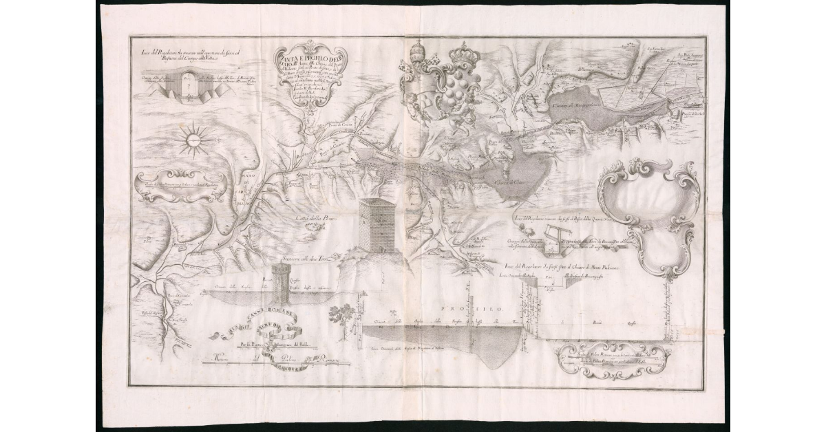 Pianta e profilo dello stato dell'Acque delle Chiane dal Ponte di Valiano fino al Ponte di sotto, e di li al Muro grosso, riscontrata con quella fatta l'Anno 1663, e 1664, e ridotta al presente Stato nei Mesi, Maggio e Giugno 1719 da noi Egidio M. Bordoni Ign.re per parte di N. S., Gio Franchi Ign.re per parte di S.A.R