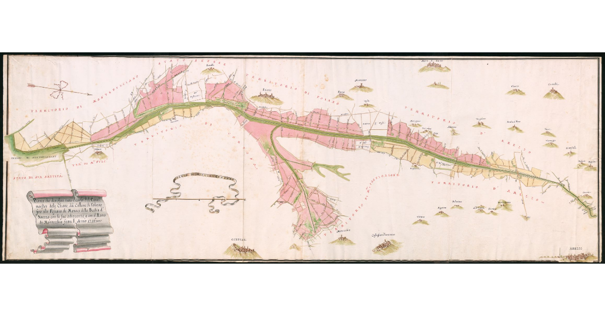 Pianta che dimostra tutto il corso del Canal maestro delle Chiane, dal Callone di Valiano fino alla Pescaia de Monaci della Badia d'Arezzo, con le sue adiacenze, e con il Ramo di Montecchio fatta l'Anno 1736