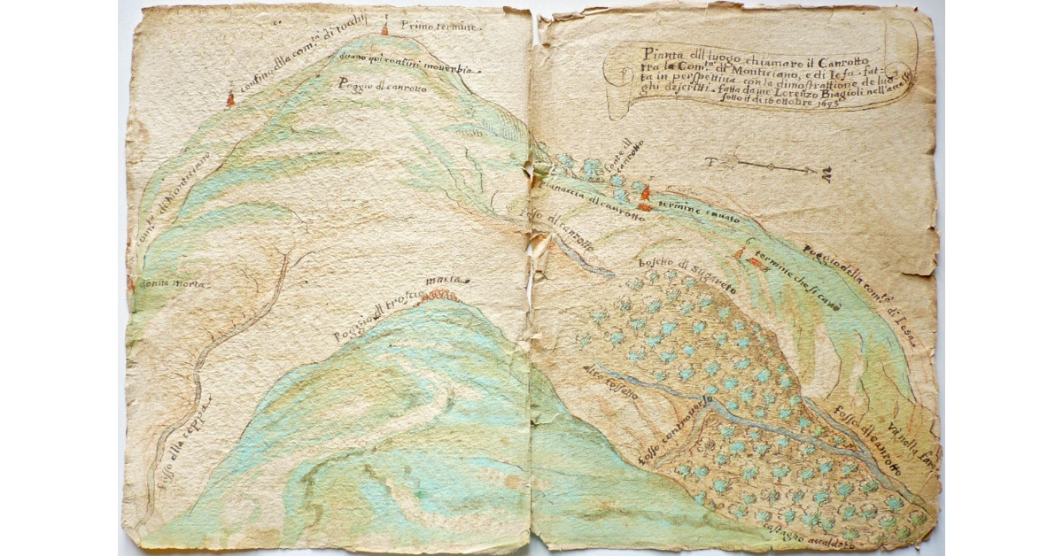 Pianta del luogo chiamato il Canrotto tra la Comunità di Monticiano, e di Iesa fatta in perspettiva con la dimostrattione de luoghi descritti