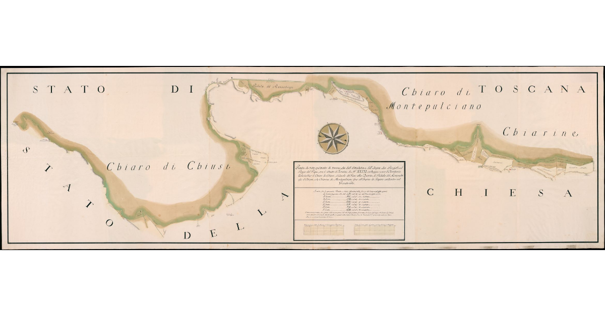 Pianta di tutto quel tratto di terreno, che dall'Attestatura dell'Argine dei Pievaioli col Poggio del Papa, dove è situato il termine giurisdizionale di n. XXXXI costeggia verso il Territorio Ecclesiastico, il Chiaro di Chiusi, il Canale del Passo alla Quercia, il Padule del Ranocchiajo, il Chiaro e le Chiarine di Montepulciano fino all'argine di riparo esistente nel Granducato