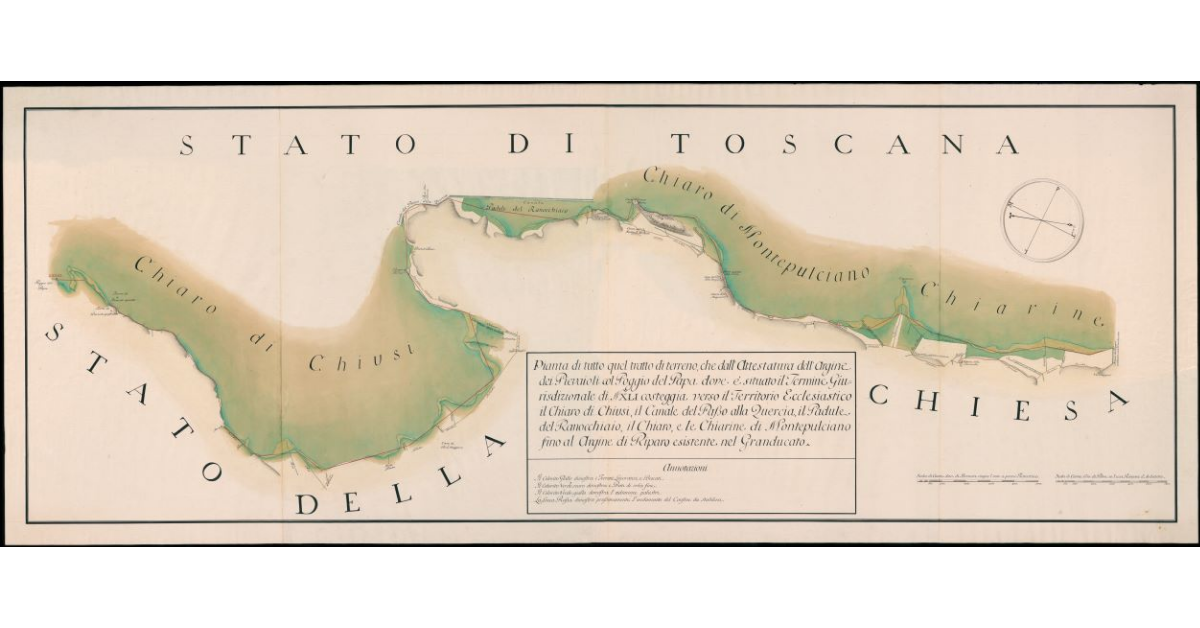 Pianta di tutto quel tratto di terreno, che dall'Attestatura dell'Argine dei Pievaioli col Poggio del Papa, dove è situato il Termine Giurisdizionale di n. XLI costeggia verso il Territorio Ecclesiastico, il Chiaro di Chiusi, il Canale del Passo alla Quercia, il Padule del Ranocchiajo, il Chiaro e le Chiarine di Montepulciano fino all'argine di Riparo esistente nel Granducato