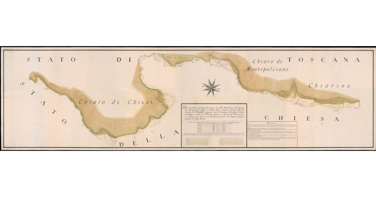 Pianta di tutto quel tratto di terreno, che dall'Attestatura dell'Argine dei Pievaioli col Poggio del Papa, dove è situato il Termine Giurisdizionale di n. XXXXI costeggia verso il Territorio Ecclesiastico il Chiaro di Chiusi, il Canale del Passo alla Quercia, il Padule del Ranocchiajo, il Chiaro e le Chiarine di Montepulciano fino all'Argine di Riparo esistente nel Gran Ducato