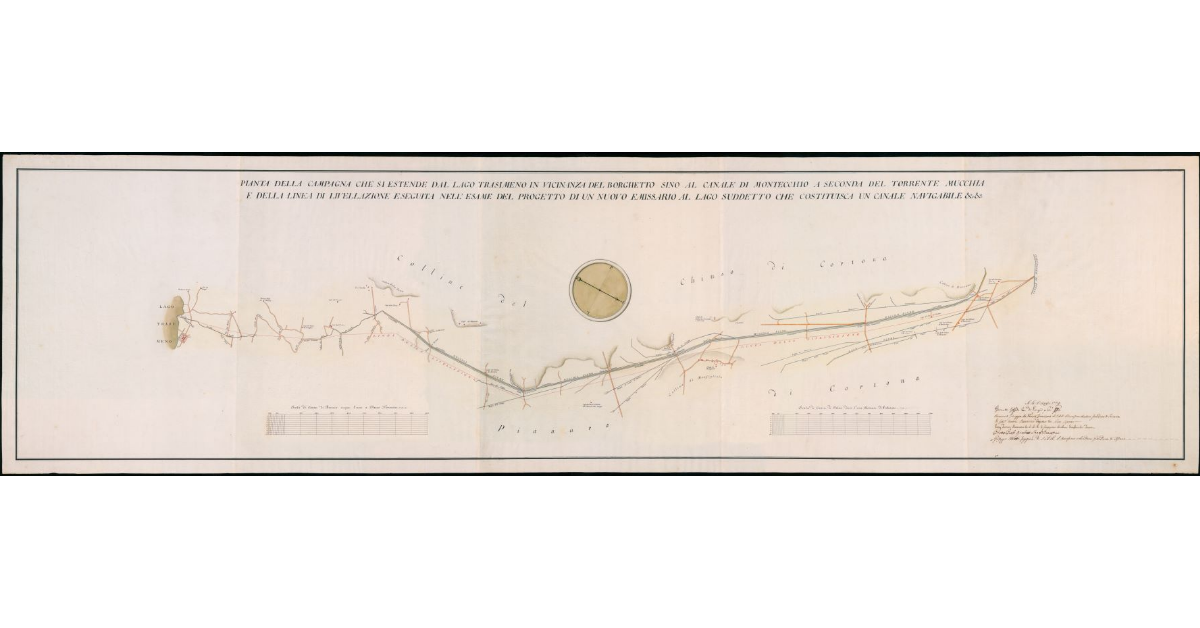 Pianta della campagna che si estende dal lago Trasimeno in vicinanza del Borghetto sino al canale di Montecchio a seconda del torrente Mucchia e della linea di livellazione eseguita nell'esame del progetto di un nuovo emissario al lago suddetto che costituisca un canale navigabile
