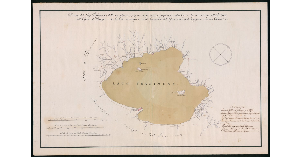 Pianta del Lago Trasimeno, e delle sue adiacenze, copiata in più piccola proporzione dalla Carta, che si conserva nell'Archivio dell'Estimo di Perugia, e che fu fatta in occasione della formazione dell'Estimo sudd.o dall'Ingegnere Andrea Chiesa