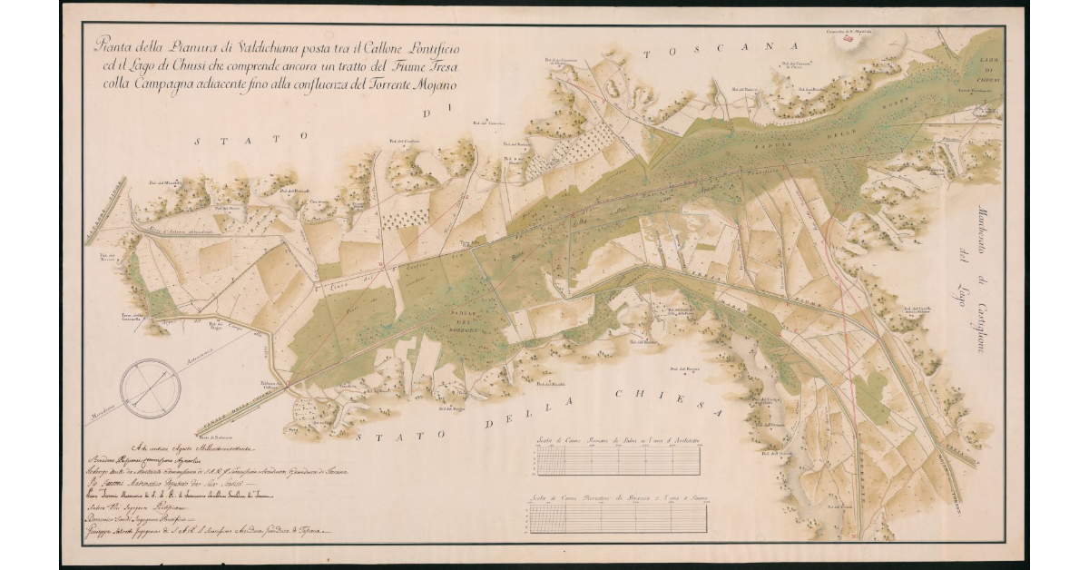 Pianta della Pianura di Valdichiana posta tra il Callone Pontificio ed il lago di Chiusi che comprende ancora un tratto del Fiume Tresa colla Campagna adiacente fino alla confluenza del Torrente Mojano