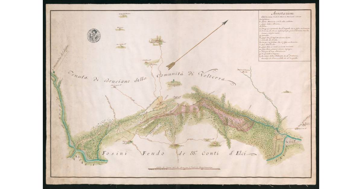 [Pianta della Tenuta di Bruciano della comunità di Volterra e della sua confinazione con Fosini, feudo dei Signori Conti d'Elci]