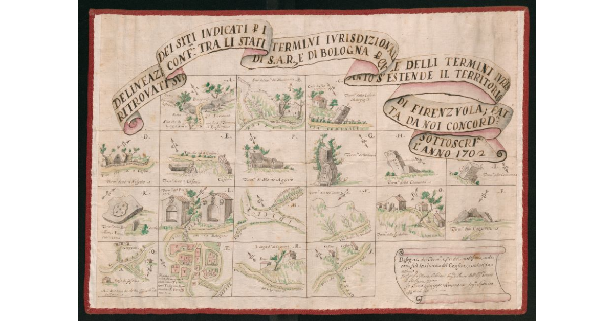 Delineazione dei siti indicati per i termini iurisdizionali e delli termini iurisdizionali ritrovati sul confine fra li Stati di S.A.R., e di Bologna per quanto s'estende il territorio di Firenzuola, fatta da noi concord.te sottoscritti l'anno 1702