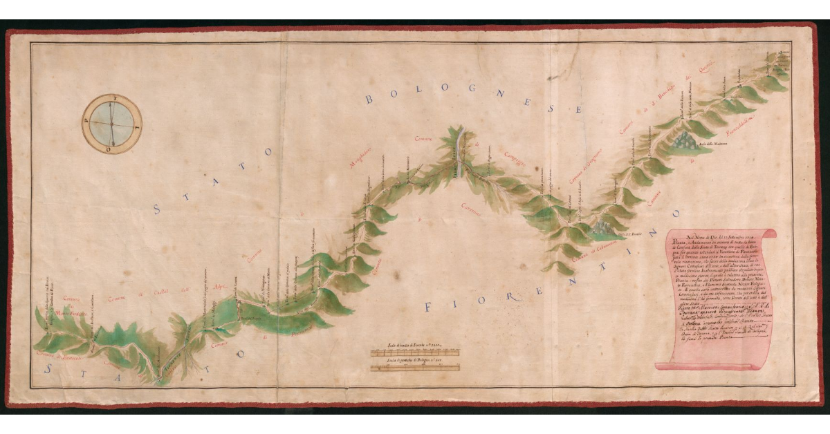 Pianta e Andamento in misura di tutta la linea di Confina dello Stato di Toscana con quello di Bologna per quanto estendesi il Vicariato di Firenzuola [...]