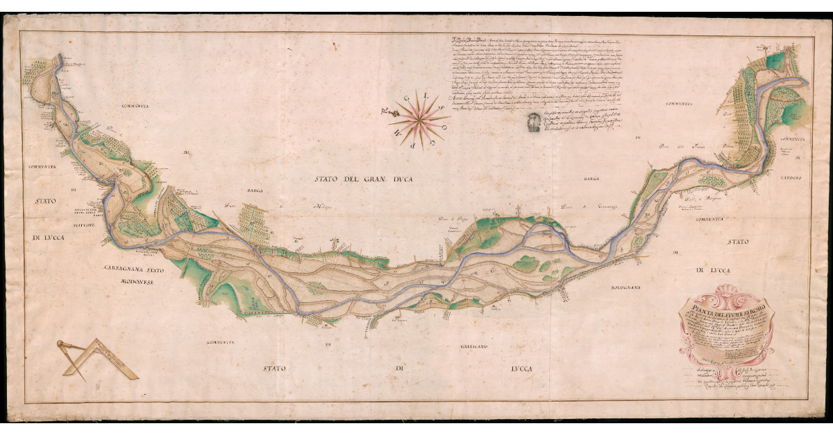 Pianta del fiume Serchio per quel tratto, che serve di confine tra gli Stati di S.A.R. il Gran Duca di Toscana, e la Ser.ma Repubblica di Lucca; fatta nel mese d'Ottobre dell'Anno 1724 per commessione dell'Ill.mo Sig. Avvocato Domenico Colonna Giudice Compromissario nelle Cause di Confini, che pendono fra i detti due Stati