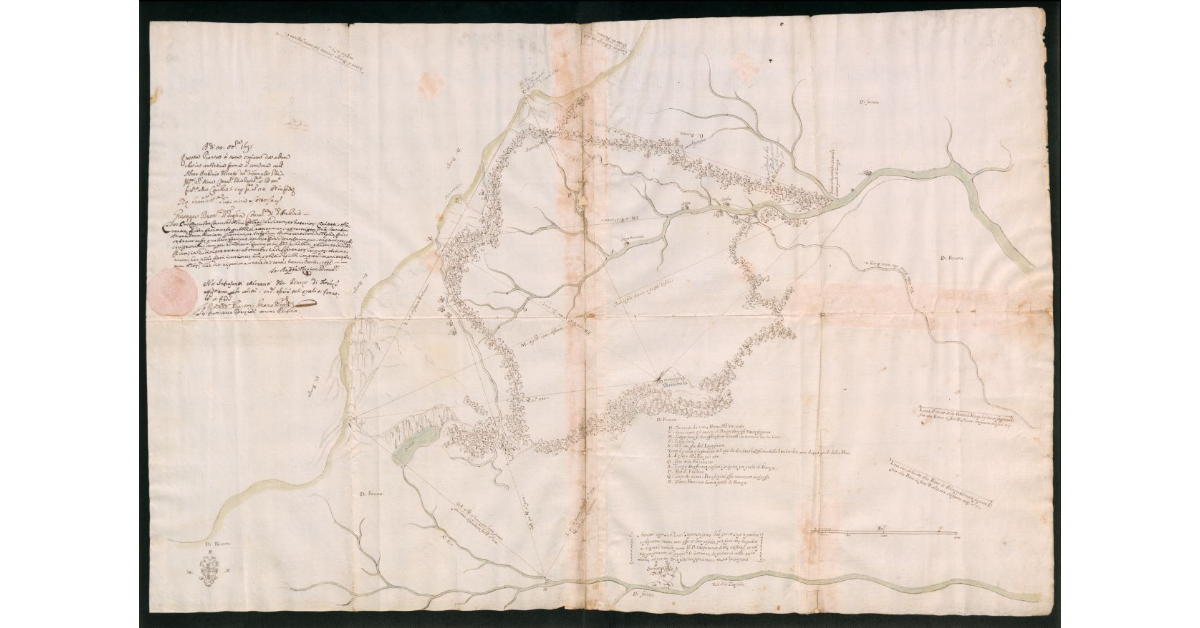 Pianta della confinazione tra Barga e il Modenese copiata dal suo originale antico esistente nell’Archivio ferrato alla casella 5, al n. 24 e servita per il negoziato del 1695 circa la reconfinazione e restaurazione che si fece allora di quei Termini dividenti lo Stato fiorentino dal Modenese]