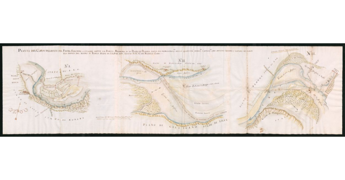 Pianta del Corso presente del Fiume Serchio a luoghi detti la Barca, Mologno, et il Piano di Pedona, fatta per dimostrazione della quantità, direzione e situazione che devono tenere, i lavori da farsi per difesa del piano di Barga Stato di S.A.S. ne XXVI Agosto MDCIC da Michele Gori