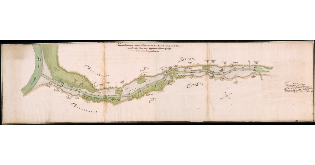 Cartone Dimostrativo l’andamento del Fiume Ania dal Fiume Serchio fino al Luogo detto alla Chiusa secondo fu stabilito l’Anno 1685, e la riapposizione de’ Termini sugl’Angoli di esso andamento in quest’anno 1735