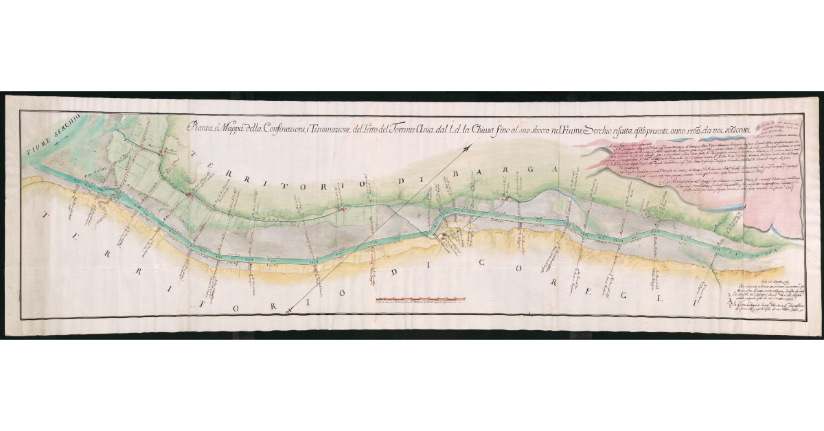 Pianta, o mappa della Confinazione, e Terminazione del Letto del Torrente Ania dal luogo detto la Chiusa fino al suo sbocco nel Fiume Serchio rifatta questo presente anno 1762 da noi sottoscritti