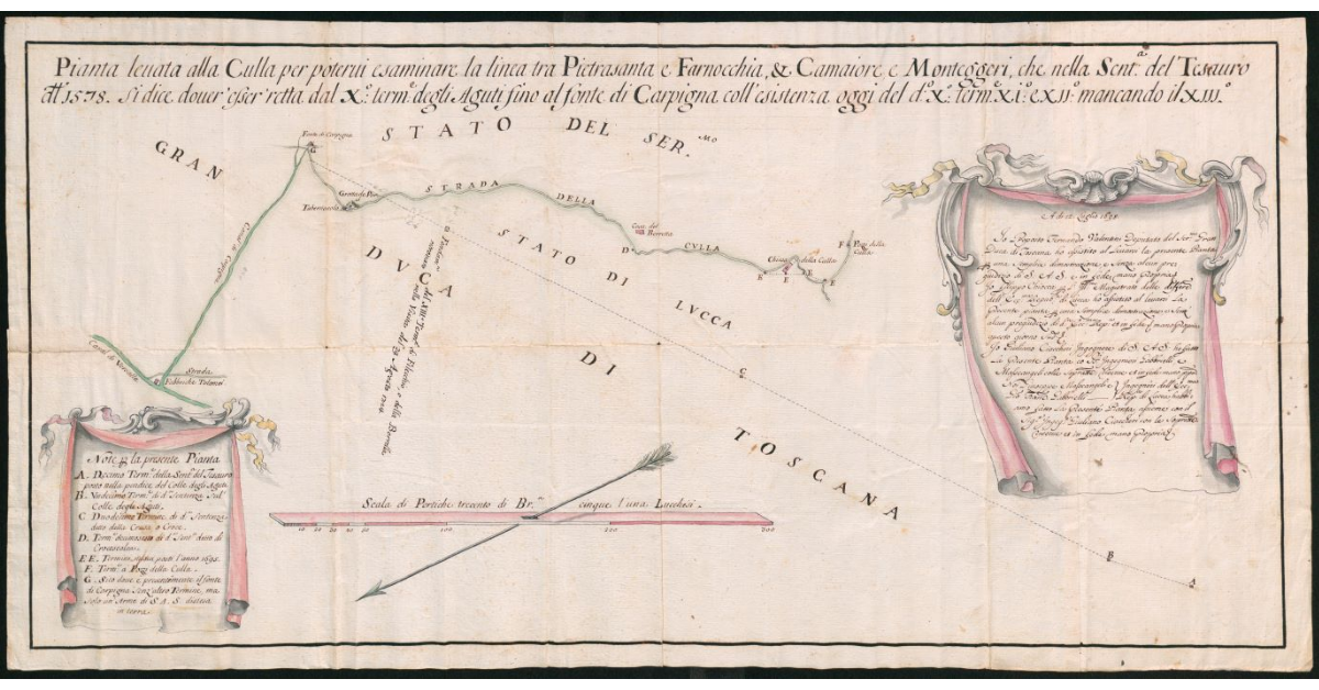 Pianta levata alla Culla per potervi esaminare la linea tra Pietrasanta e Farnocchia, e Camaiore e Monteggeri, che nella Sent. del Tesauro del 1578 si dice dover esser’ retta dal X termine degli Aguti fino al fonte di Carpigna coll’esistenza oggi del detto X termine XI e XII mancando il XIII