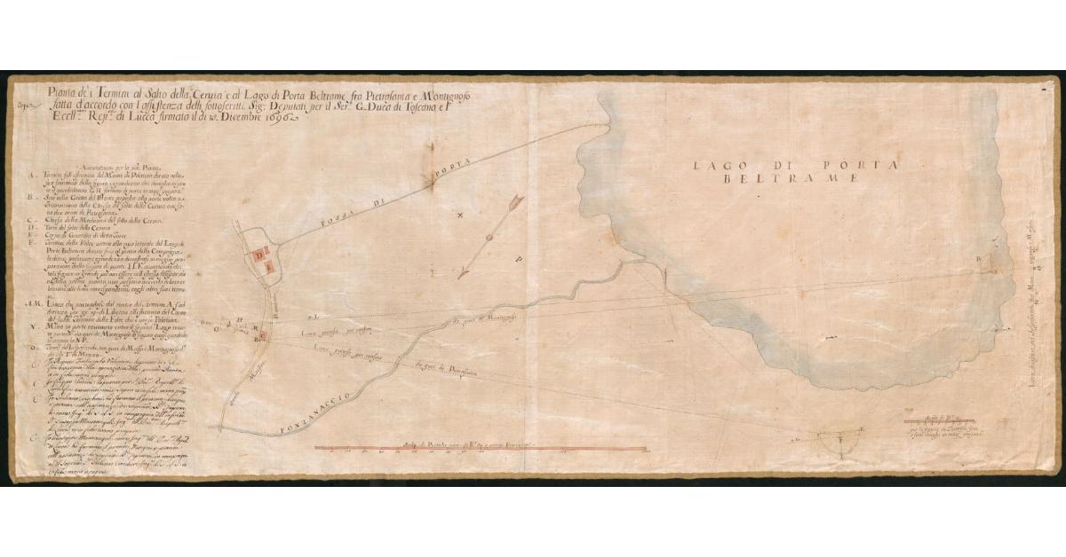 Pianta de’ i Termini al Salto della Cervia e al Lago di Porta Beltrame fra Pietrasanta e Montignoso fatta d’accordo con l’assistenza delli sottoscritti Sig. Deputati per il Ser. G. Duca di Toscana, e l’Eccll.ma Rep.ca di Lucca firmata il di 13 Dicembre 1696