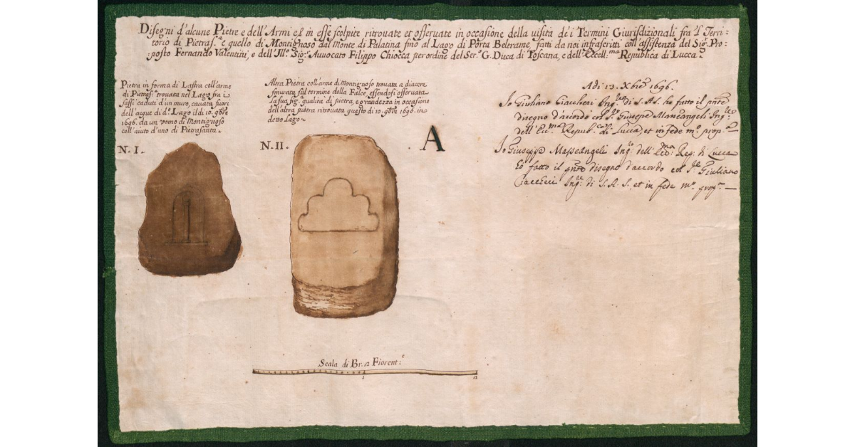 [Disegni di alcune pietre e dell’Armi in esse scolpite ritrovate e osservate in occasione della visita dei termini giurisdizionali fra il territorio di Pietrasanta e quello di Montignoso]