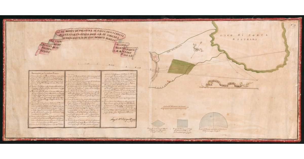 Pianta de' Termini al Monte di Palatina, al Salto della Cervia e al lago di Porta Beltrame fra Pietrasanta Stato dell’A.R. di Toscana e Montignoso Stato dei SS. Lucchesi fatta il dì VIIII agosto MDCCXV