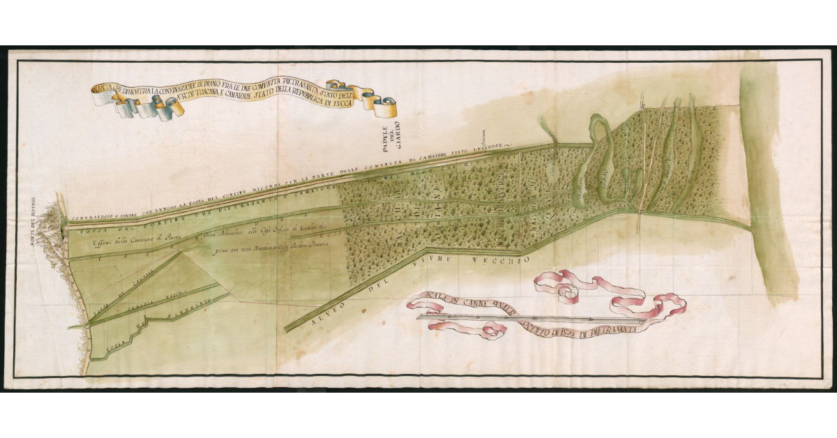 Pianta che dimostra la confinazione in piano fra le due comunità Pietrasanta stato dell’A.R. di Toscana, e Camaiore Stato della Repubblica di Lucca