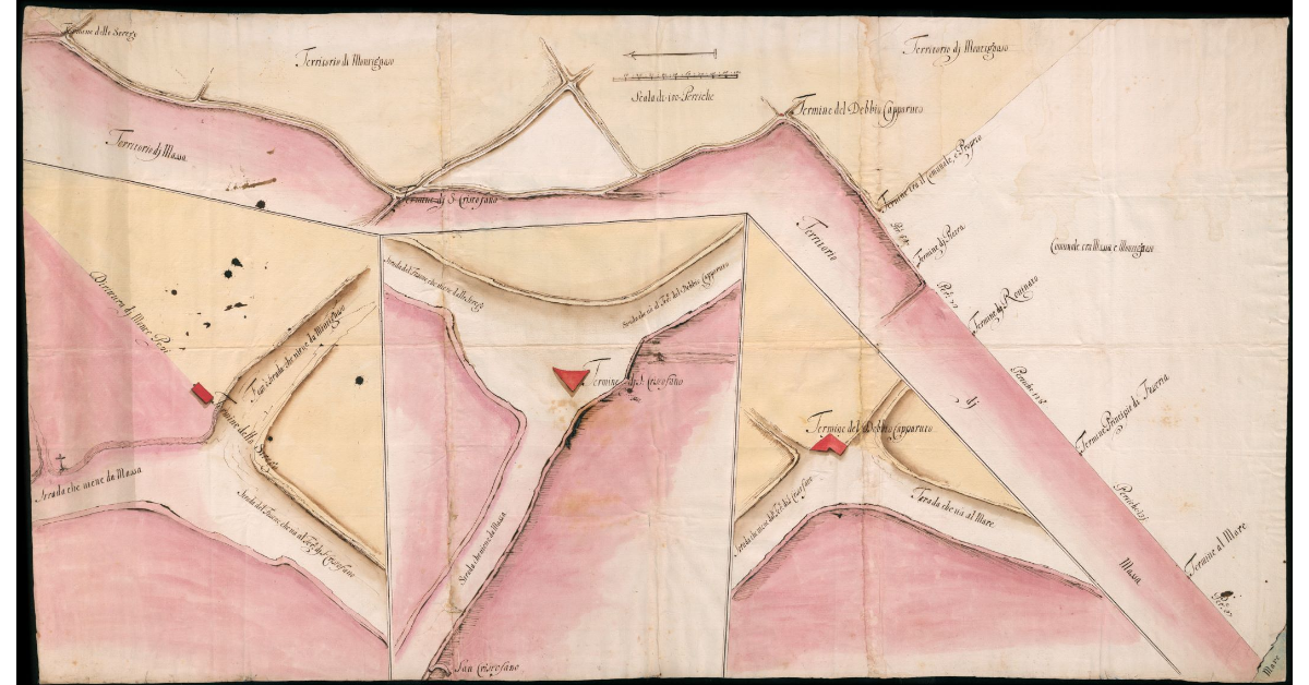[Pianta dei confini di Massa con Montignoso, che servì nella causa che fu decisa dal Serenissimo Ferdinando II nel 1600 e che può servire per i termini del lago di Porta Beltrame]