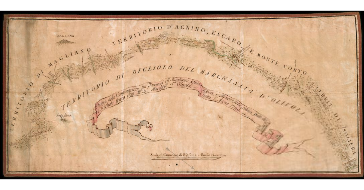 Pianta della Confinazione fra Territori di Magliano, Agnino, Escaro, e Monte Corto, e Soliera, Stato di S.A.R. e Bigliolo Stato degl’Ill. SS.ri Marchesi d’Olivola fatta l’Anno 1722 da Giovanni Maria Veraci