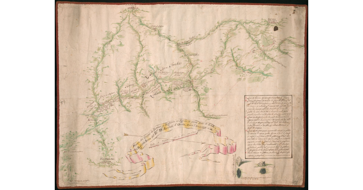 Pianta dei Confini de Territori di Magliano et Agnino in parte Stati di S.A.R., e Bigliolo Stato dell’Ill.mi SS.ri Marchesi d’Olivola, Fatta l’Anno 1734 da Giuliano Anastasi