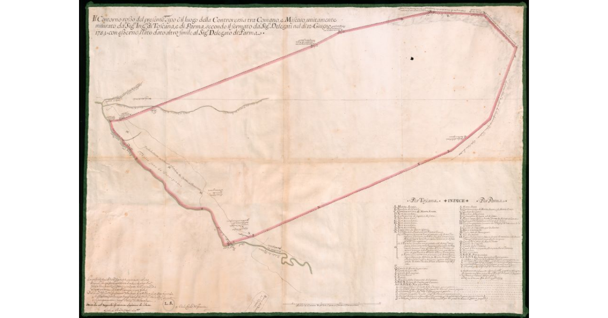 [Pianta relativa alla controversia di confine fra il territorio di Comano e Miscoso]