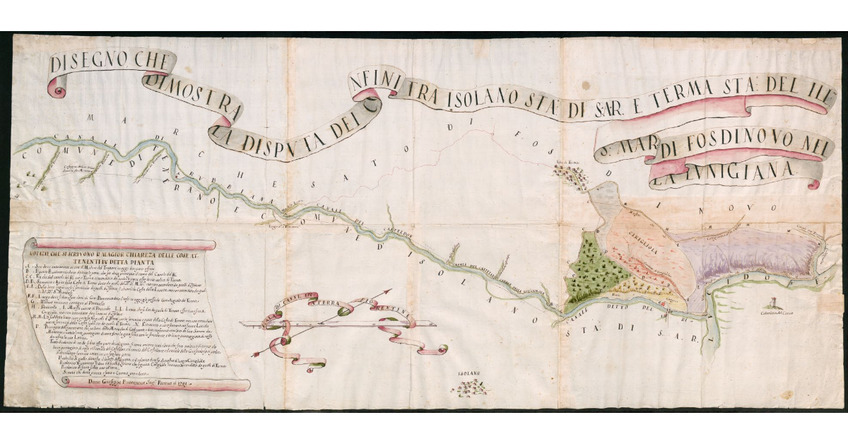 Disegno che dimostra la disputa dei Confini tra Isolano Stato di S.A.R. e Terma Stato dell’Ill.mo S.re Marchese di Fosdinovo nella Lunigiana
