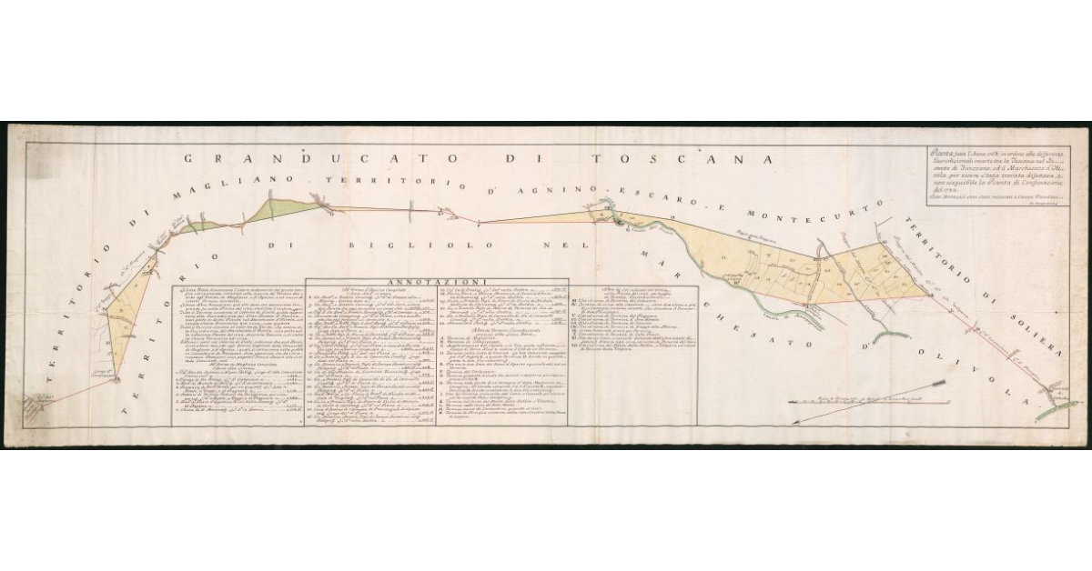 Pianta fatta l'Anno 1768 in ordine alle differenze Giurisdizionali insorte tra la Toscana nel Distretto di Fivizzano, ed il Marchesato d'Olivola, per essere stata trovata difettosa, e non eseguibile la Pianta di Confinazione del 1722